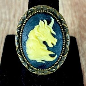 Black and Yellow Unicorn Cameo Adjustable Ring, NWT, Handmade